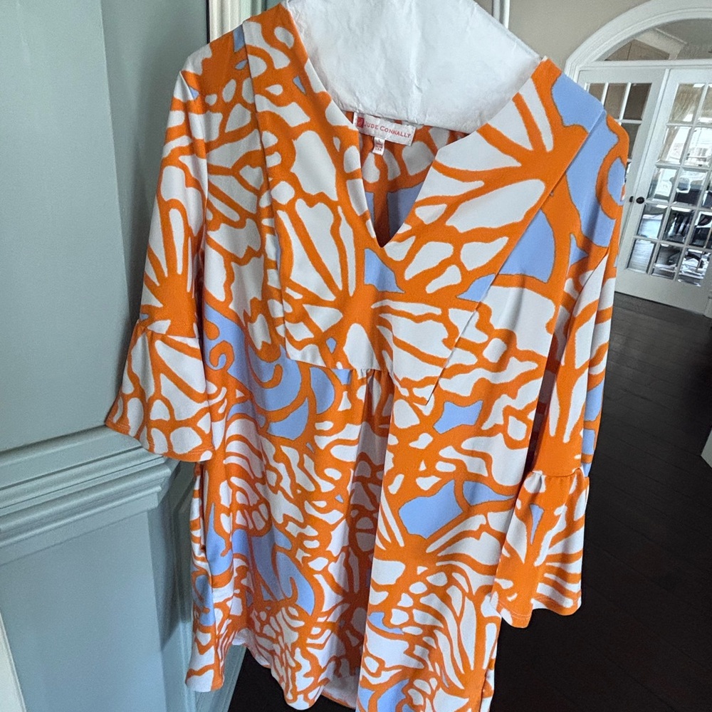Jude Connally Orange and Blue Mini Dress
-shorter version of last photograph